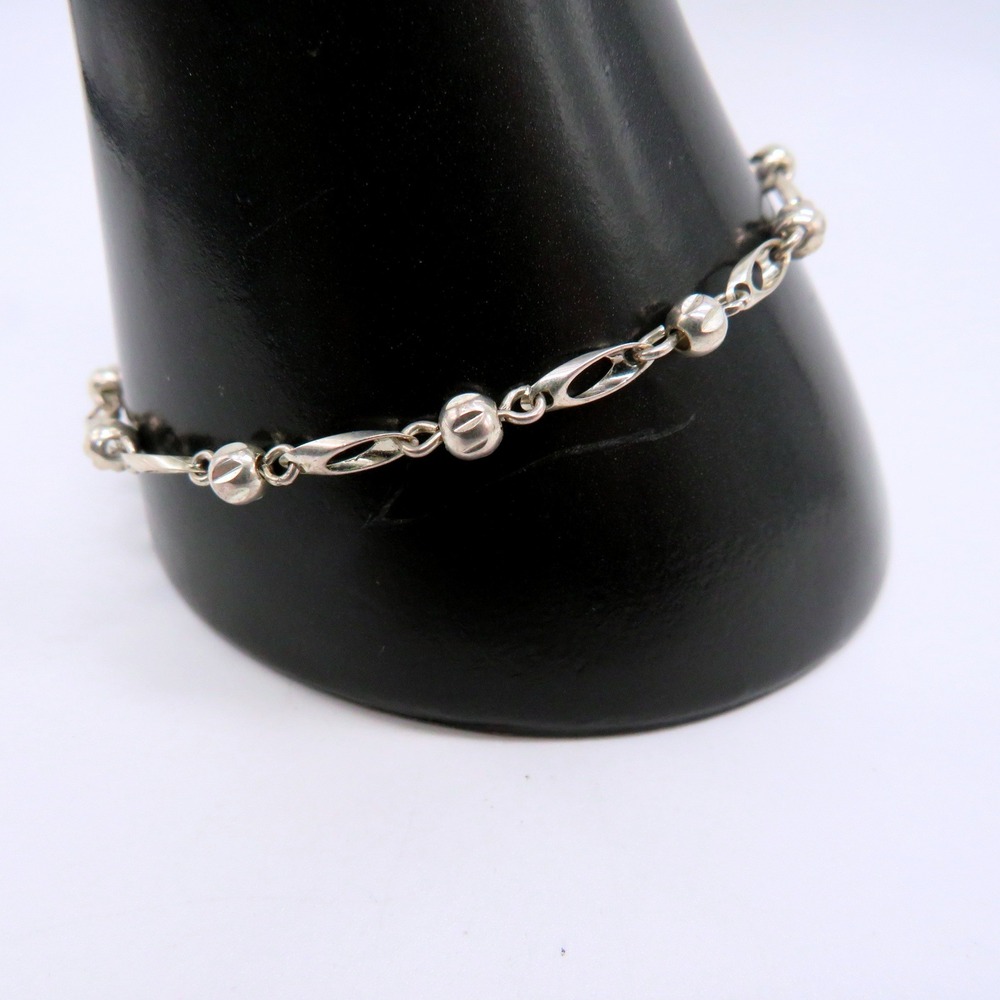 Silver Tone Bead and Open Marquise Link Bracelet with Lobster Clasp